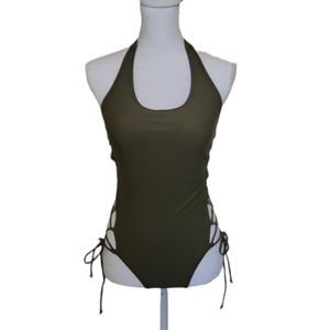 Army Green Lace-Up Halter Tie 1-Piece Swimsuit Medium